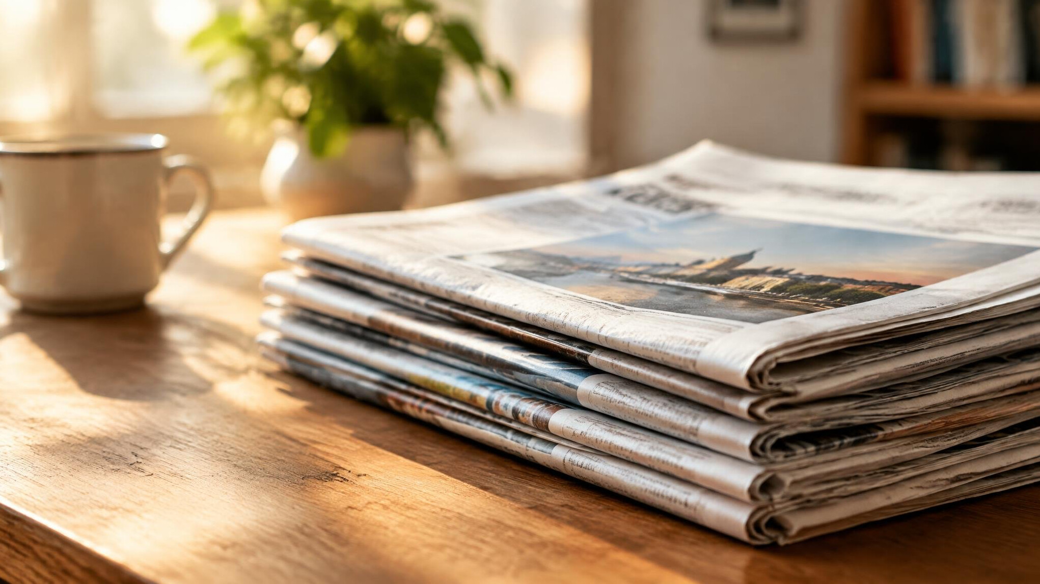 Stack of folded newspapers on a wooden table